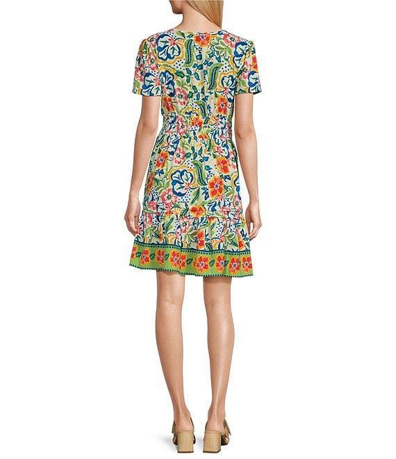 Leslie Fay Split V-Neck Short Sleeve Floral Print A-Line Dress Product Image