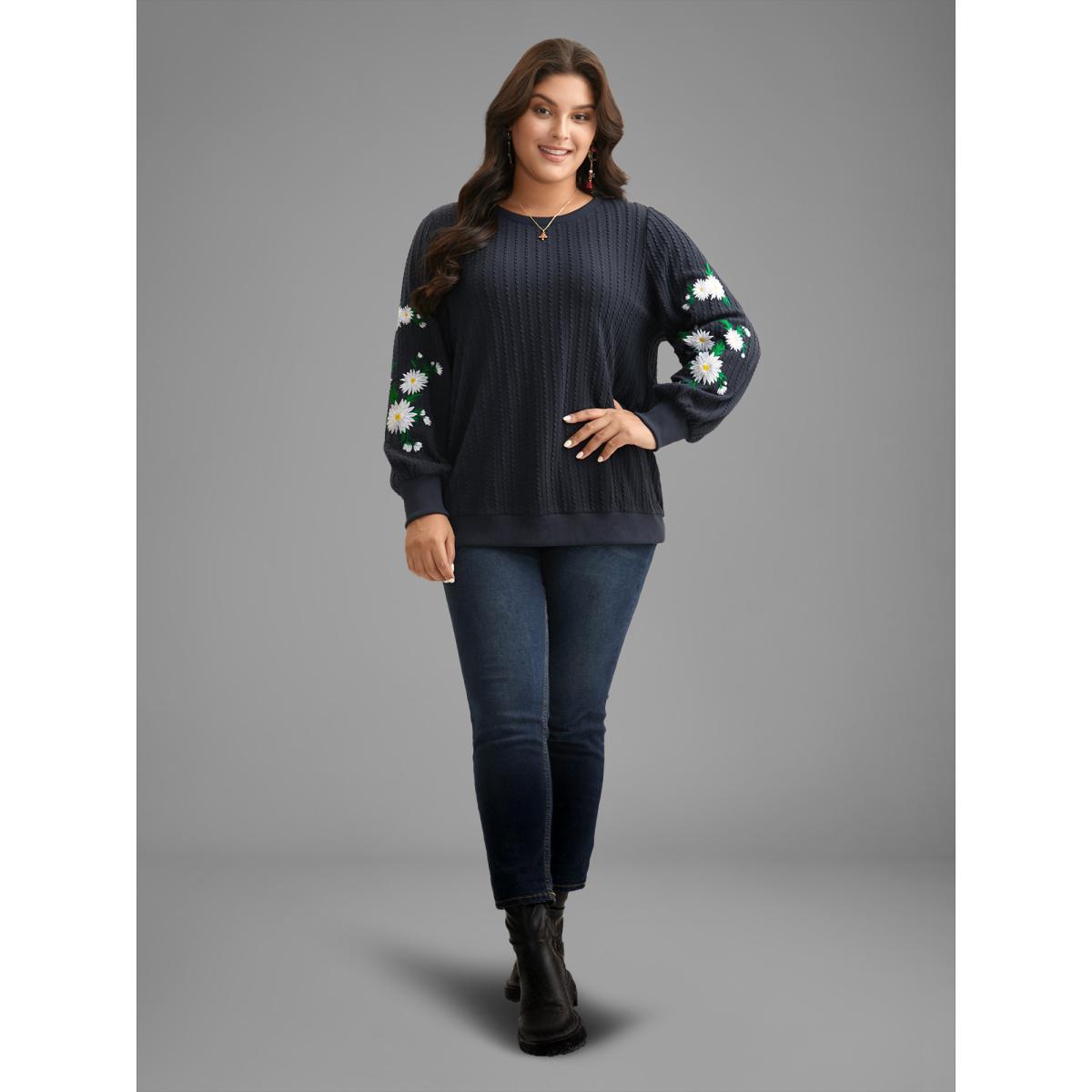 Plus Size Floral Embroidered Sleeves Sweatshirt Women Indigo Casual Texture Round Neck Everyday Sweatshirts BloomChic 26/4X Product Image