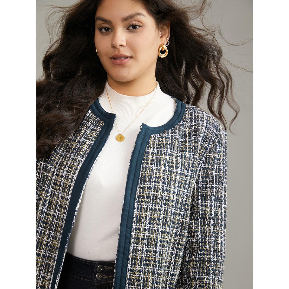 Plus Size Tweed Patchwork Contrast Pocket Jacket Women Indigo Texture Pocket Work Jackets BloomChic 22-24/3X Product Image