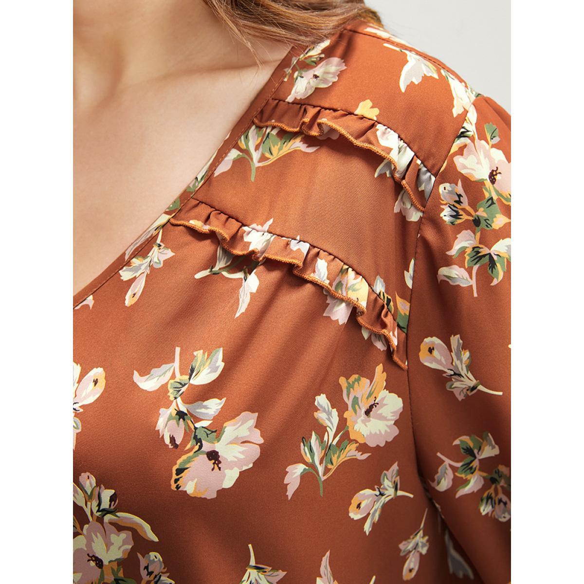Plus Size Bronze Floral V Neck Ruffles Trim Lantern Sleeve Blouse Women Elegant Long Sleeve V-neck Dailywear Blouses BloomChic 10/M Product Image