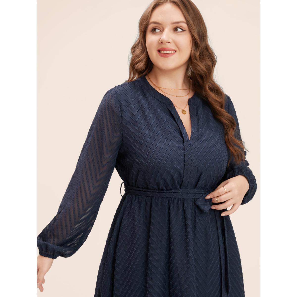 Chiffon Geometric Elegance Plain Navy Belt Plus Size Midi Dress Women Pocket Lantern Sleeve Long Sleeve V Neck Pocket Dailywear Midi Dress BloomChic Product Image