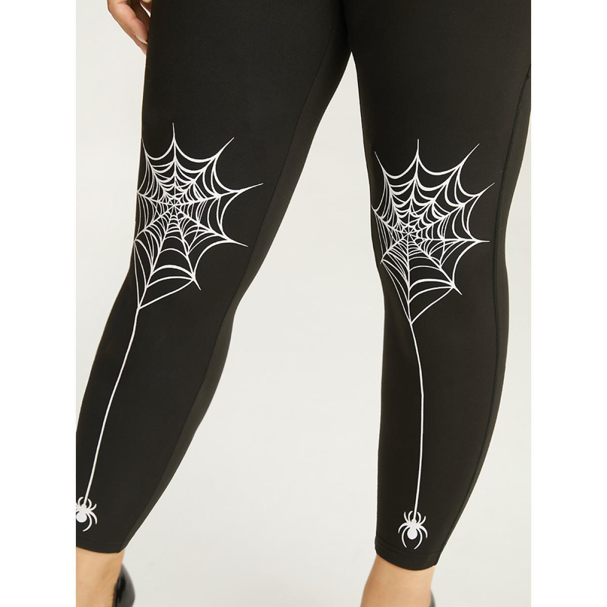 Plus Size Halloween Spider Web Print Skinny Leggings Women Black Casual High stretch Skinny High Rise Festival-Halloween Leggings BloomChic 30/6X Product Image