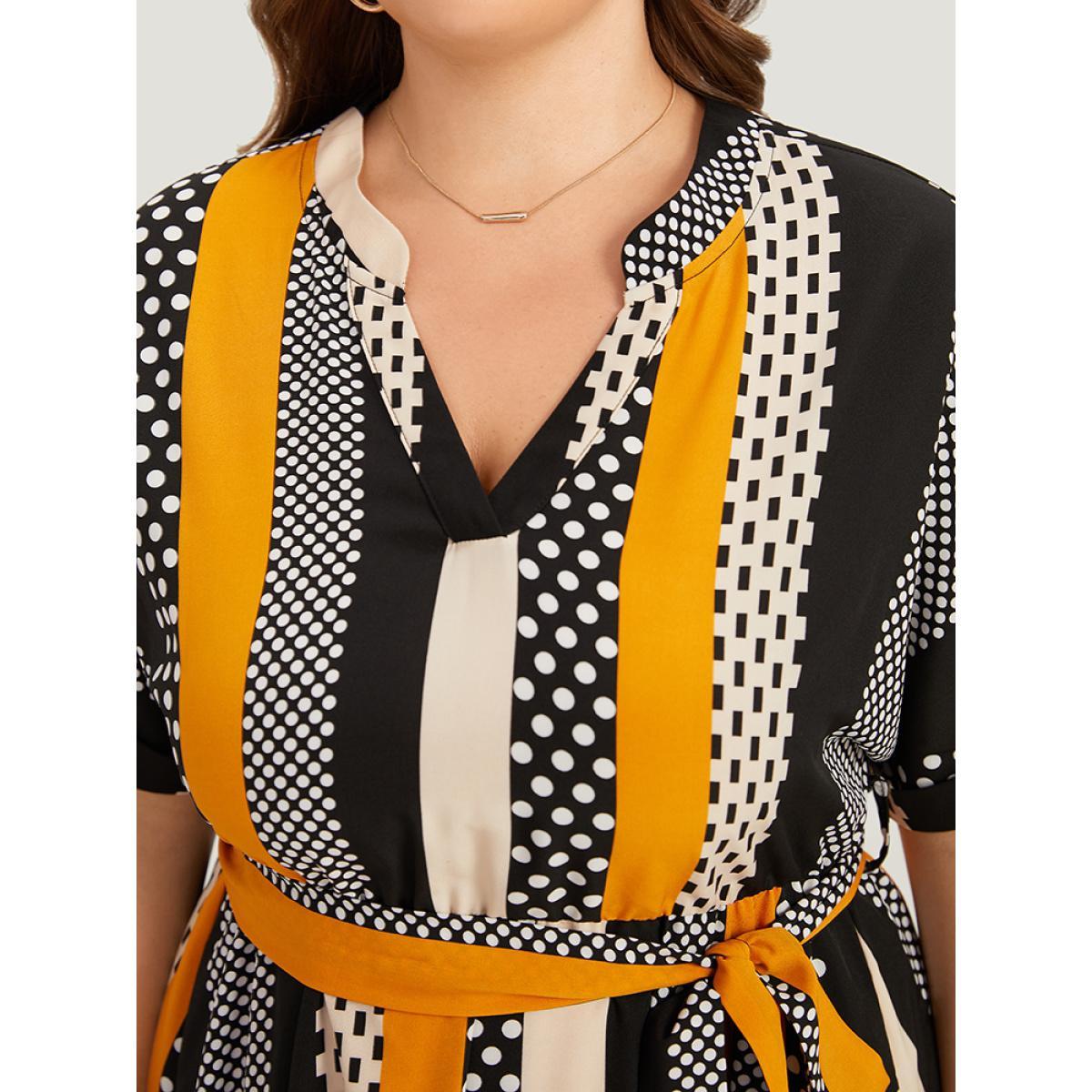 Plus Size Polka Dot Patchwork Striped Belted Notched Dress Orange Women Office Contrast Notched collar Short sleeve Curvy Midi Dress BloomChic 28/5X Product Image