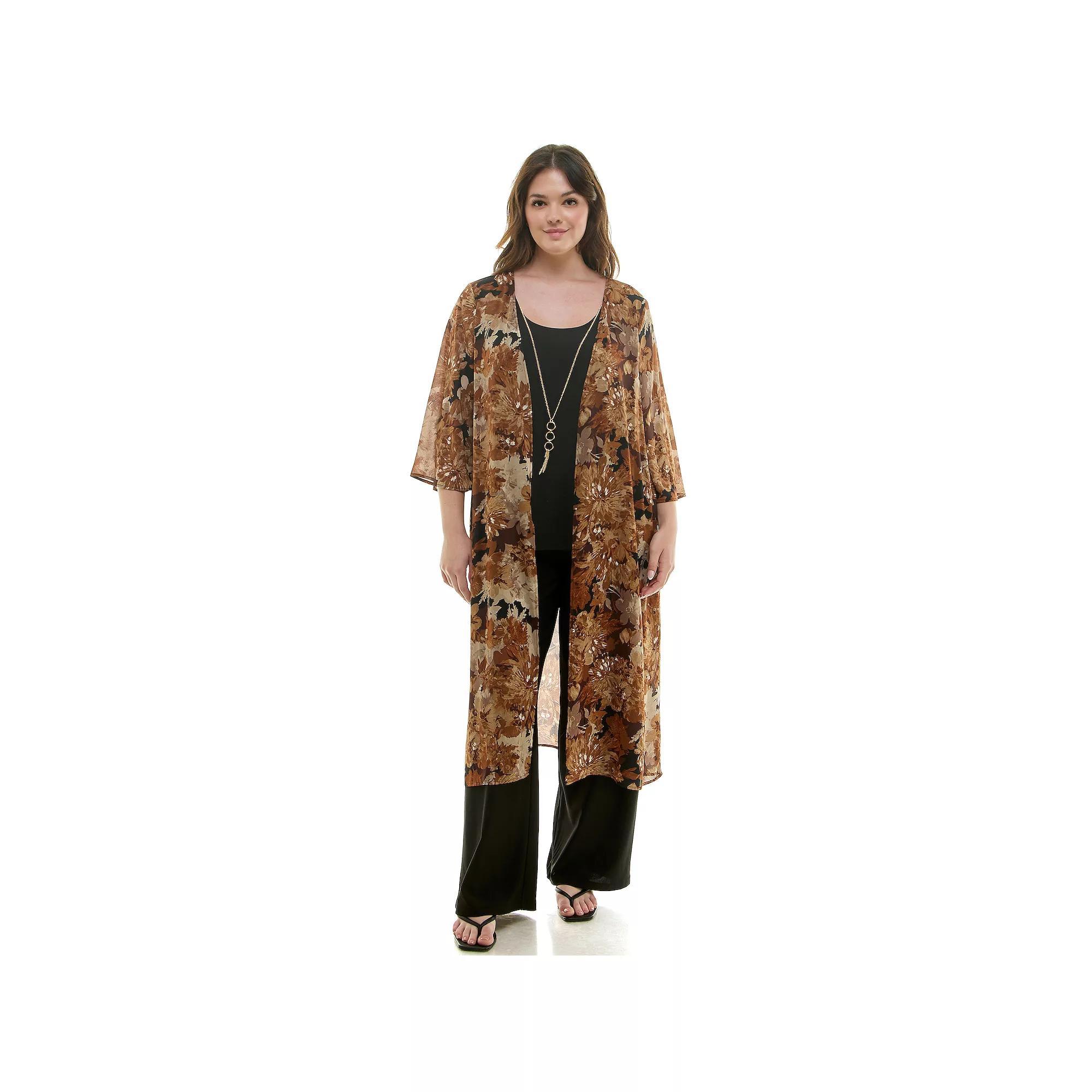 Plus Size Luxology 3-Piece Long Cardigan, Tank Top & Pants Set, Women's, Size: 3XL, Black Neutral Brown Product Image