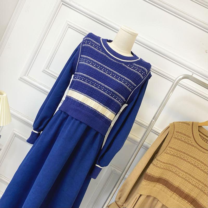Long-Sleeve Crew Neck Mock Two-Piece Striped Knit Panel Corduroy Midi A-Line Dress Product Image