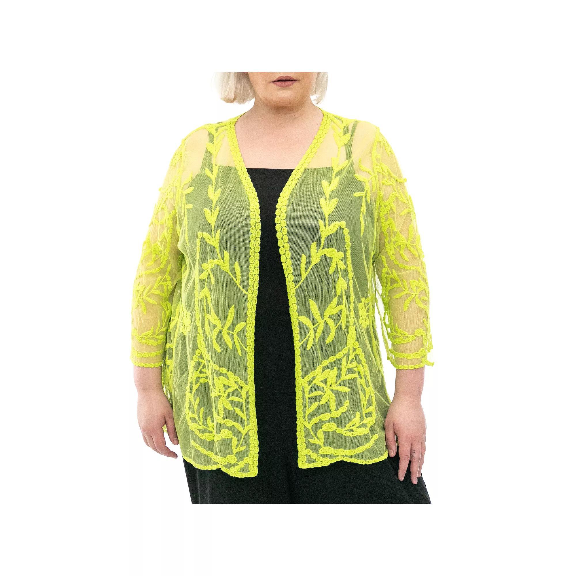 Plus Size Nina Leonard Embroidered Mesh Floral Bolero, Women's, Size: 2XL, Bright Green Product Image