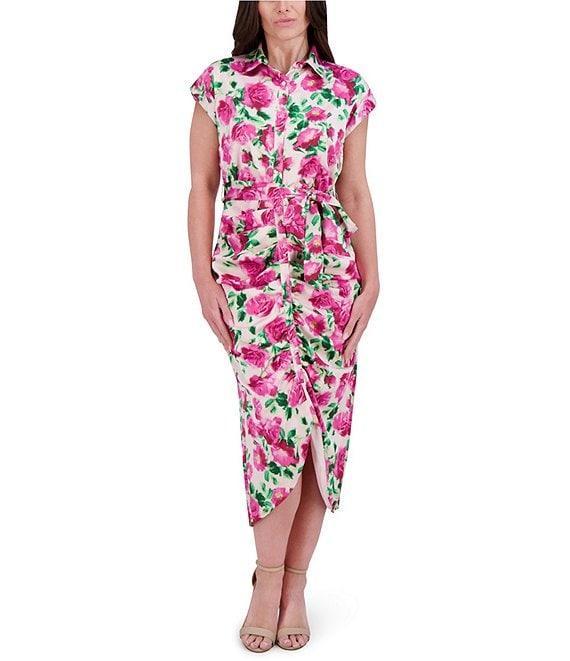 Kensie Charmuese Floral Print Point Collar Neck Short Sleeve Button Front Tie Waist Shirt Midi Dress Product Image