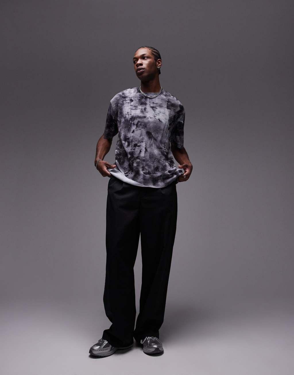 Topman oversized fit printed plisse t-shirt in gray Product Image