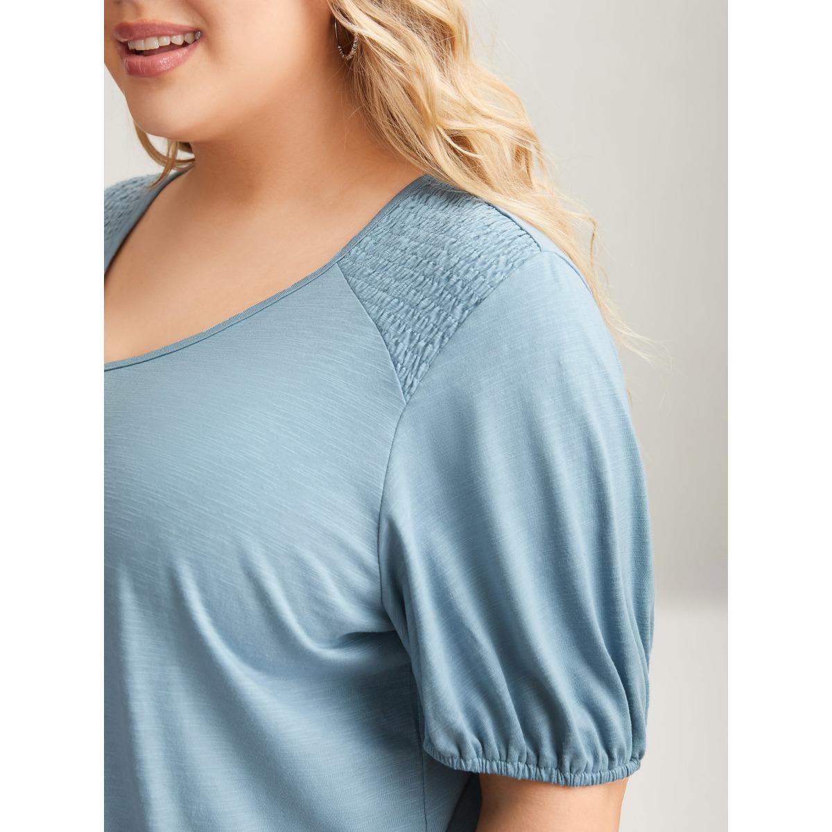 Plus Size Bamboo Shirred Shoulder V-Neck T-Shirt Stone Women Casual Shirred V-neck Everyday T-shirts BloomChic 22-24/3X Product Image