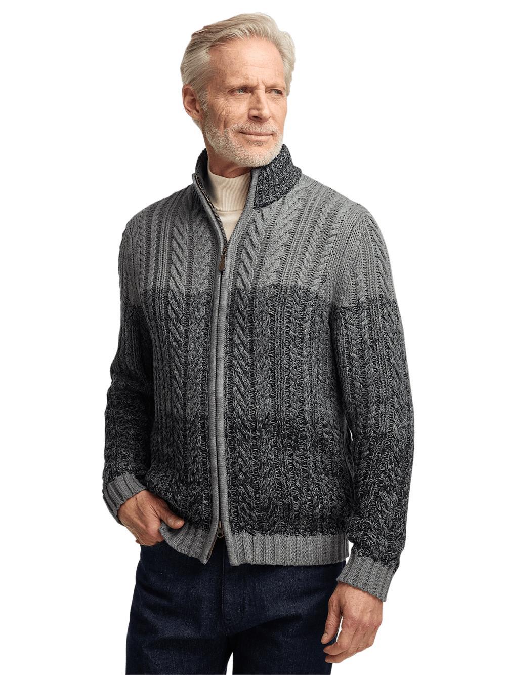 Cotton Cable Full Zip Mock Neck Sweater - Black/grey Product Image