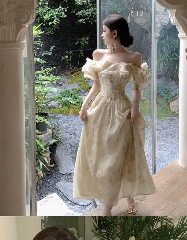 Off-Shoulder Ruffle Trim Half-Button Midi A-Line Dress Product Image