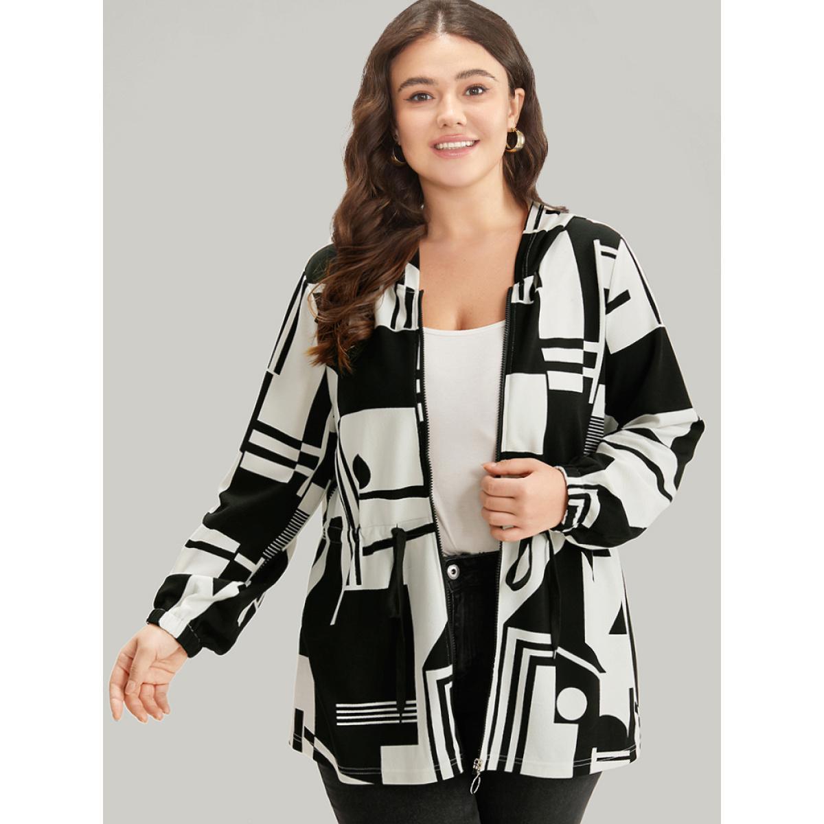 Plus Size Halloween Geometric Print Drawstring Zipper Hooded Knot Jacket Women Black Zipper Dailywear Jackets BloomChic 26/4X Product Image