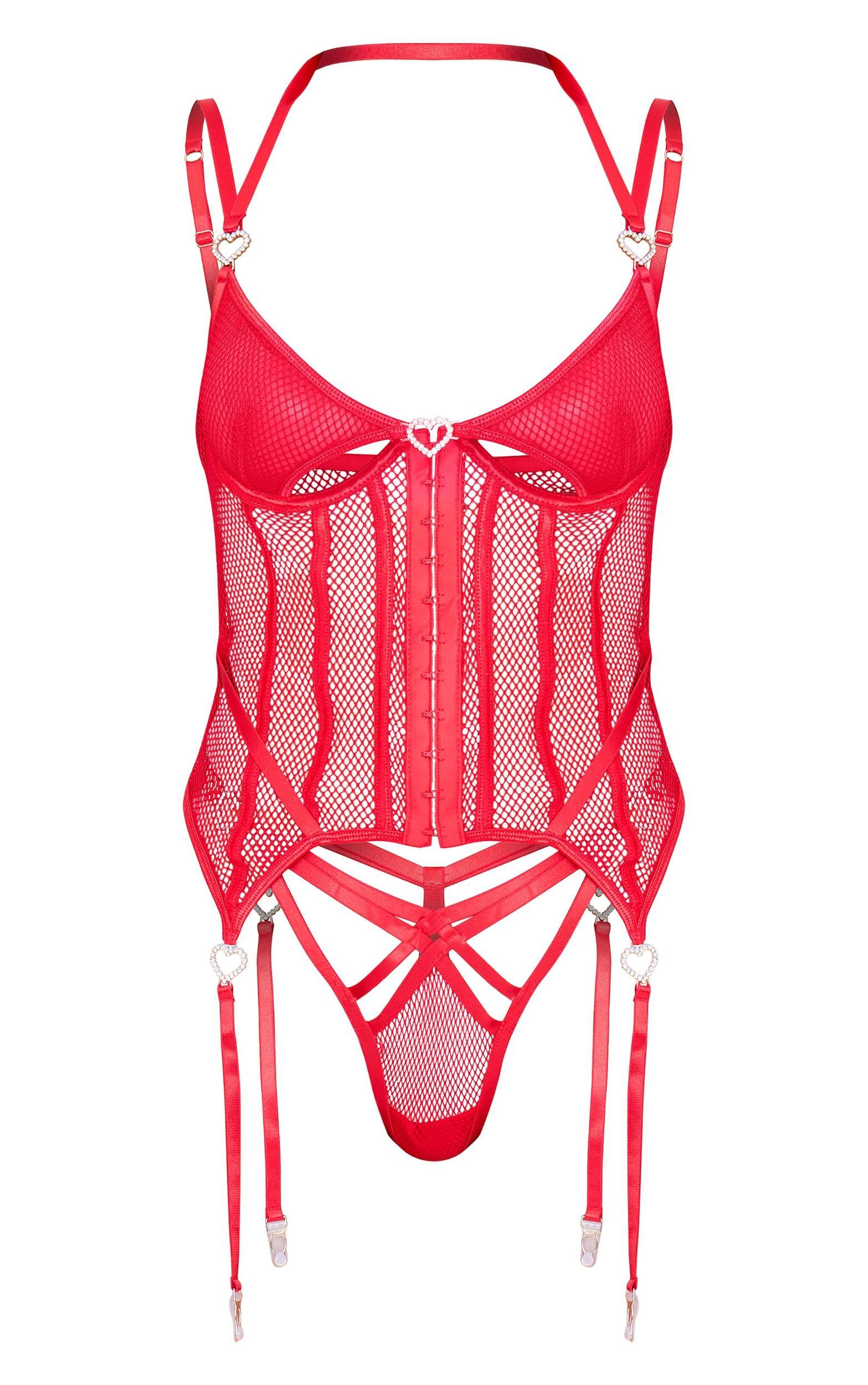 Red Fishnet Diamante Heart Corset Lingerie Set Product Image
