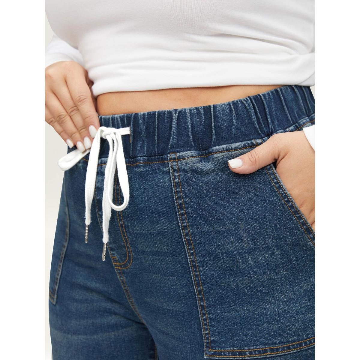 Plus Size Drawstring Elastic Waist Roll Hem Jeans Women DarkBlue Casual Plain Drawstring High stretch Slanted pocket Jeans BloomChic 26/4X Product Image