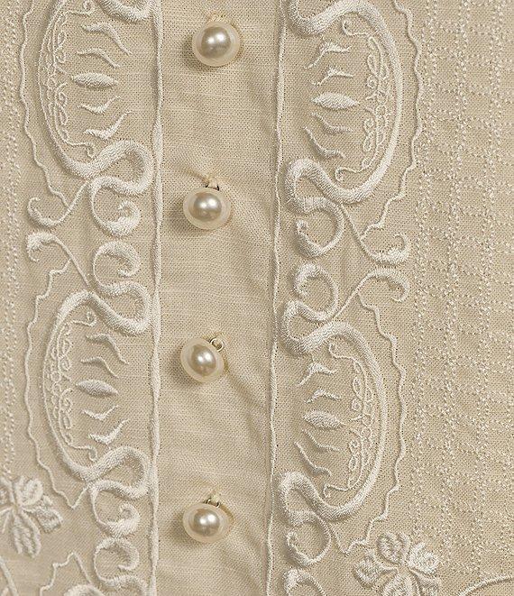 Mestiza New York Elliana Linen Blend Mandarin Collar Puff Sleeve Embroidered Button Front Midi Dress Product Image