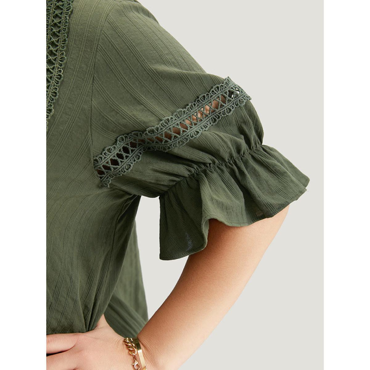 Plus Size ArmyGreen Solid Ruffle Trim Guipure Lace Elastic Hem Blouse Women Vacation Short sleeve V-neck Dailywear Blouses BloomChic 28/5X Product Image