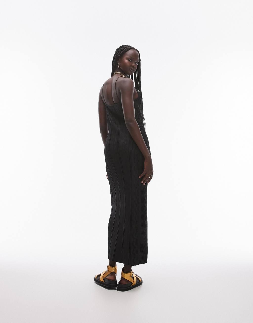 Topshop spaghetti strap crinkle plisse midaxi dress in black Product Image