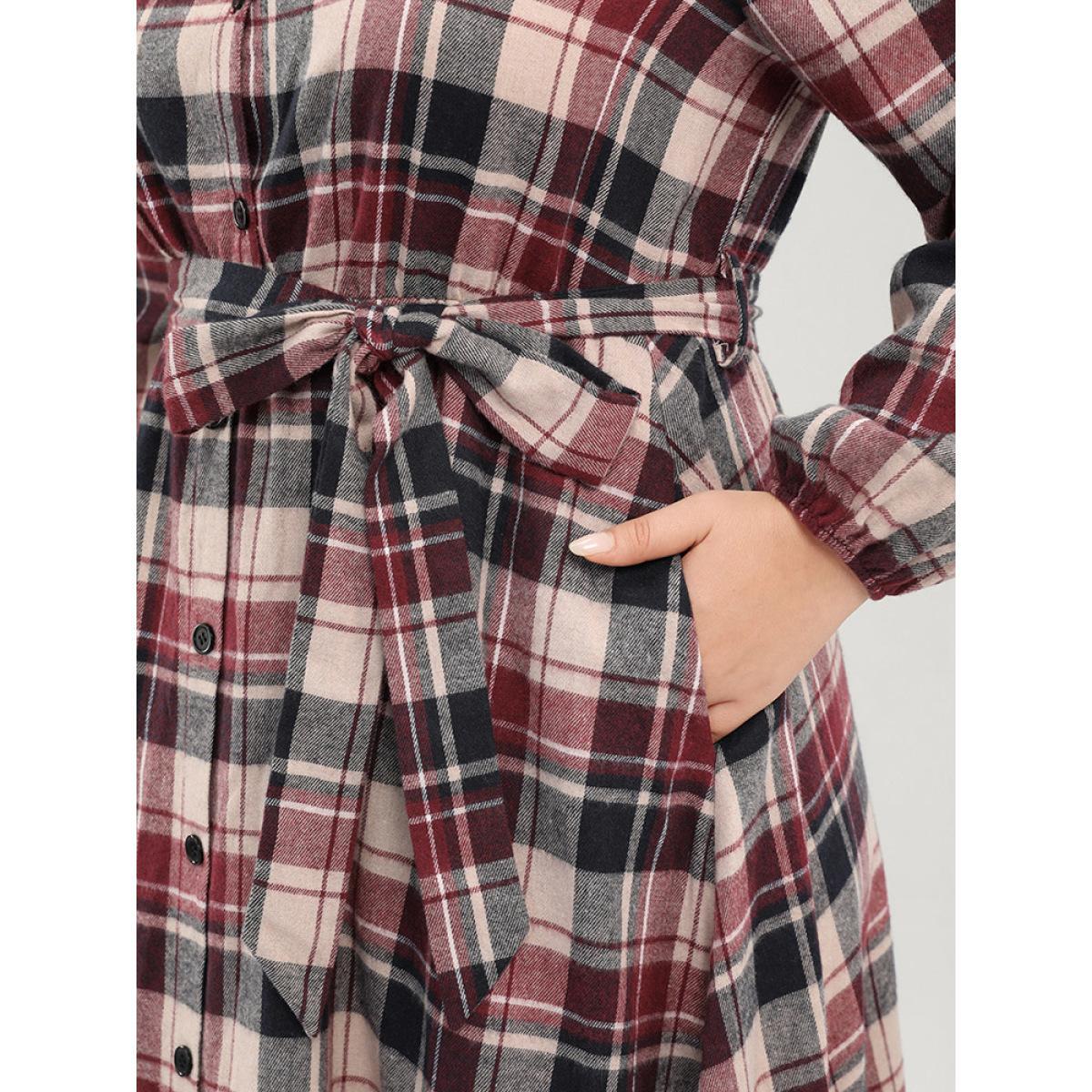 Plus Size Plaid Shirt Collar Pocket Belted Lantern Sleeve Button Up Dress Burgundy Women Elegant Shirt collar Long Sleeve Curvy Midi Dress BloomChic 14-16/1X Product Image