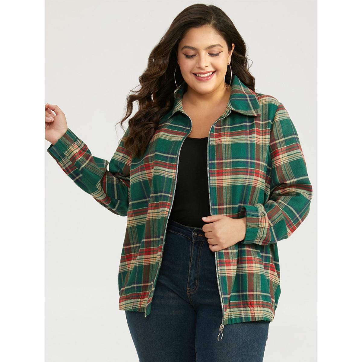 Plus Size Plaid Contrast Zipper Pocket Jacket Women Emerald Elastic cuffs Pocket Dailywear Jackets BloomChic 12/L Product Image