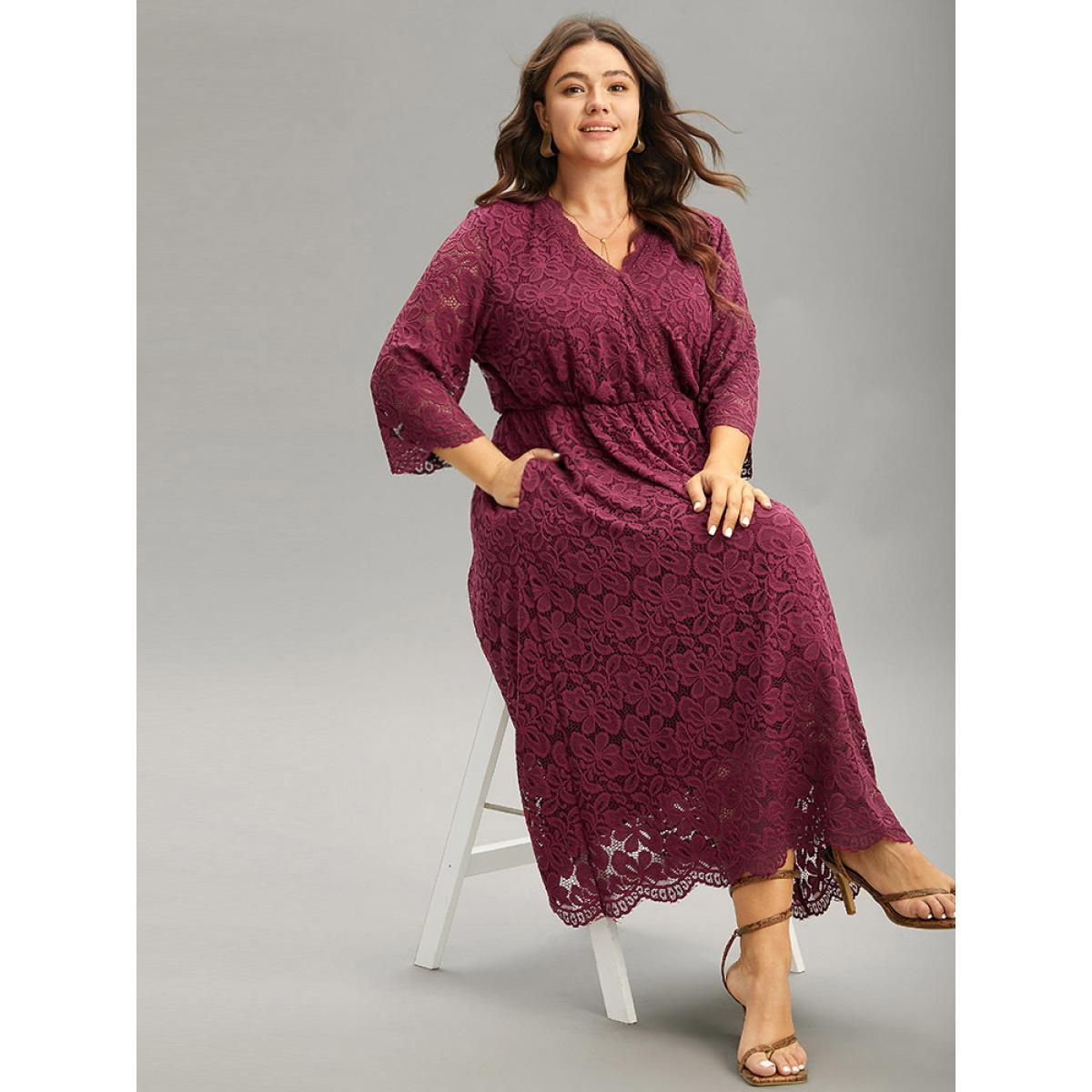 Plus Size Plain Elastic Waist Lace Patchwork Mesh Dress Scarlet Women Elegant See through V-neck Elbow-length sleeve Curvy Midi Dress BloomChic 28/5X Product Image