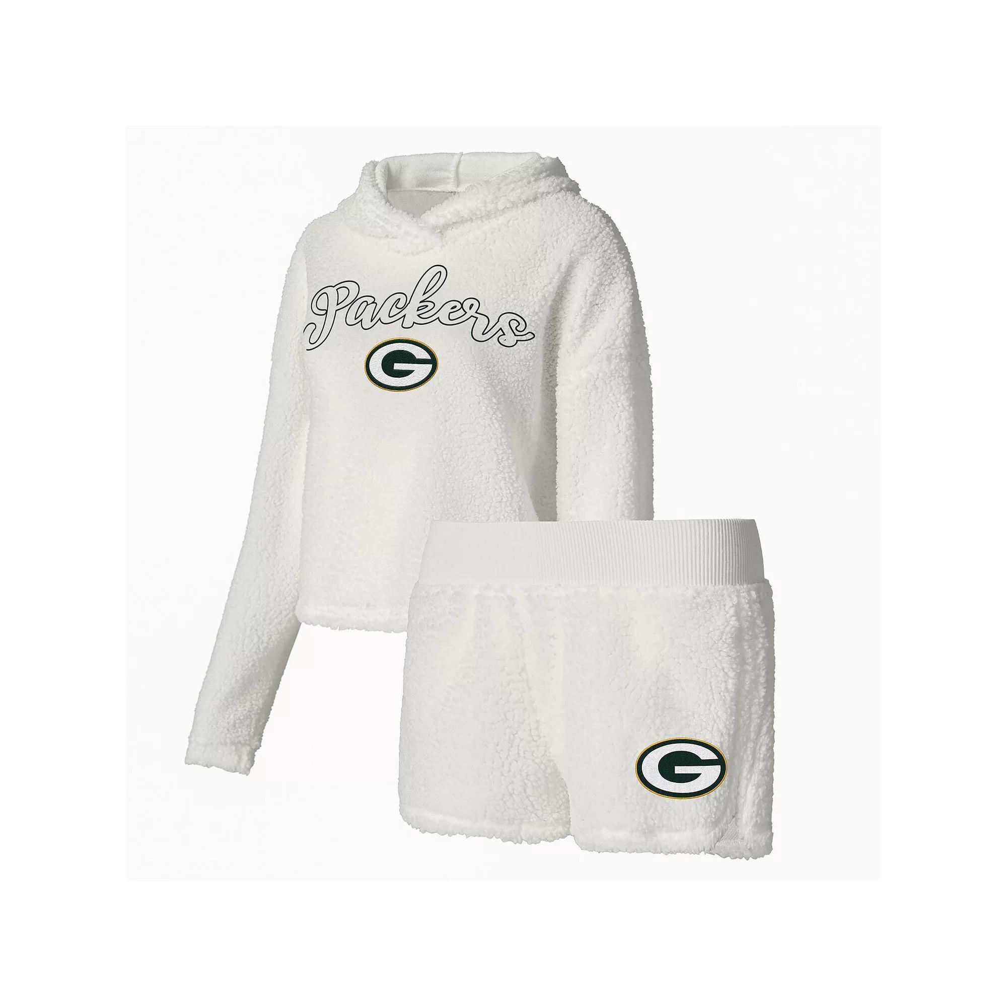 Women's Concepts Sport  White Green Bay Packers Fluffy Pullover Sweatshirt & Shorts Sleep Set, Size: XL Product Image