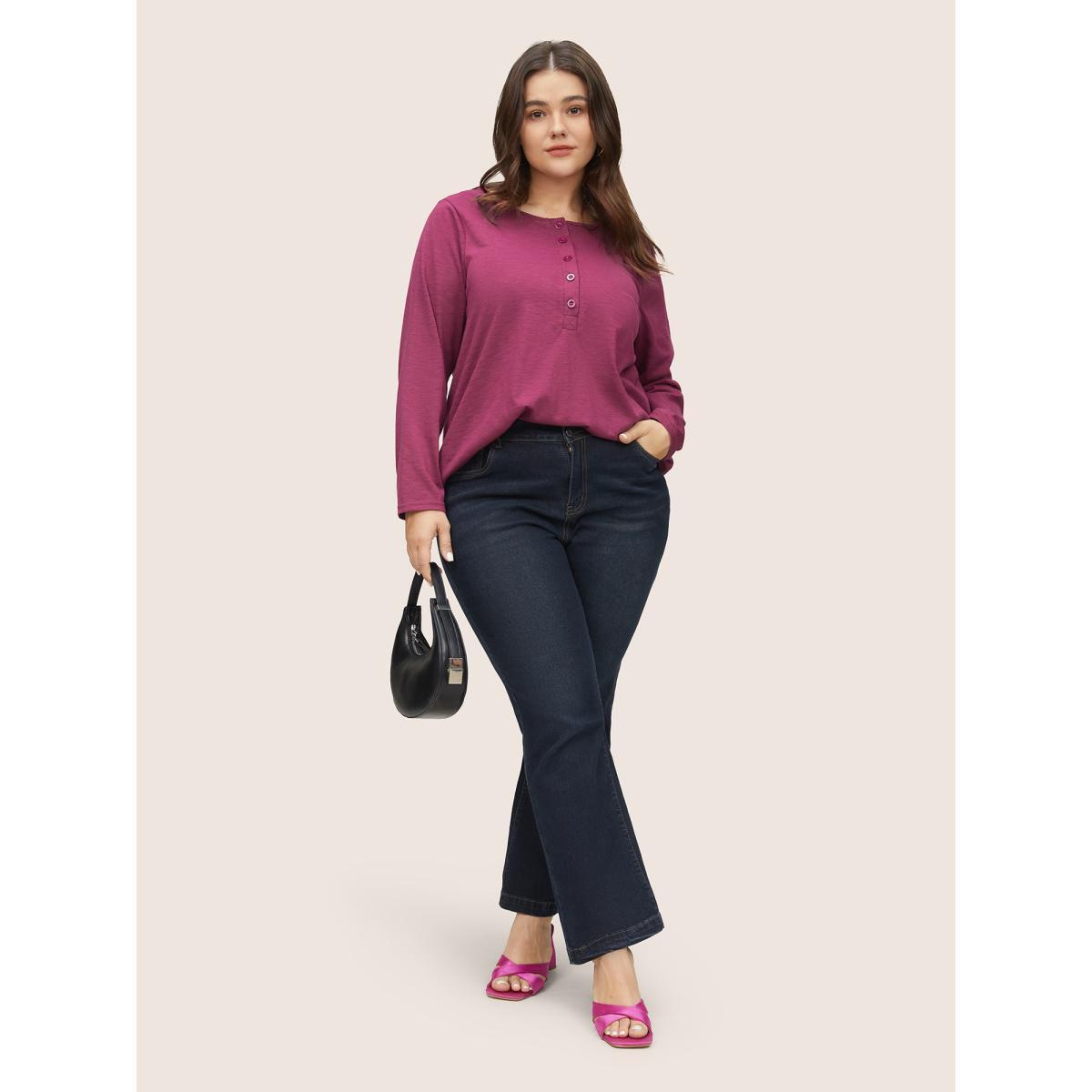 Plus Size Solid Heather Button Up T-shirt RedViolet Women Casual Non Plain Round Neck Everyday T-shirts BloomChic 12/L Product Image