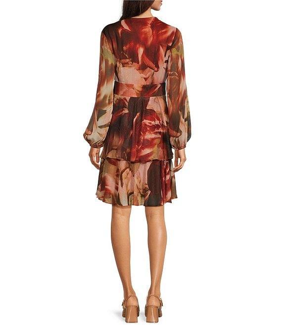 Alex Marie Clarice Floral Print Chiffon Deep V-Neck Long Blouson Sleeve Tie at Waist Tiered Ruffle Above the Knee Dress Product Image