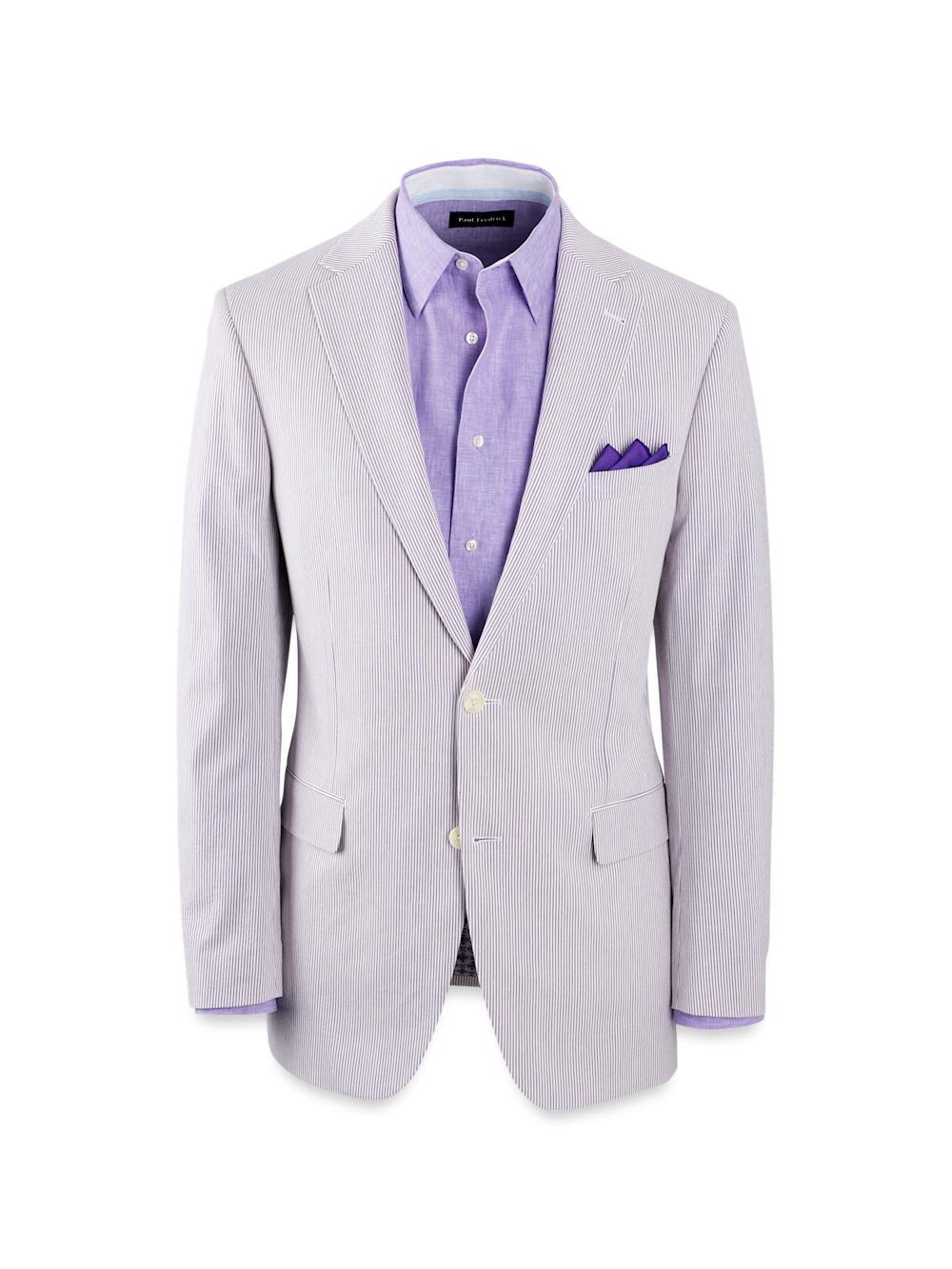Cotton Stretch Stripe Seersucker Single Pleat Suit Pants - Purple/white Product Image