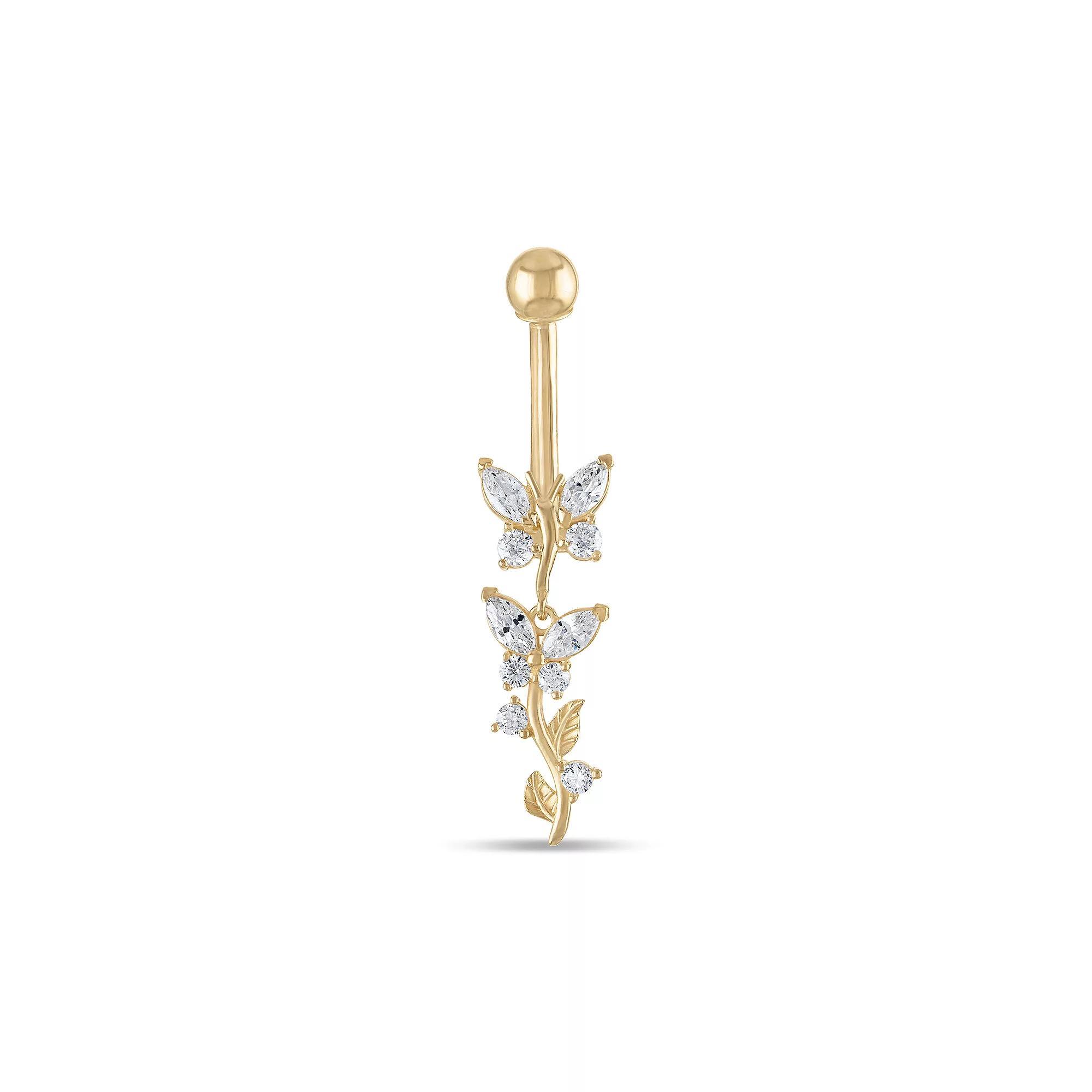 Amella Jewels 14k Gold Cubic Zirconia Butterfly Dangle Belly Ring, Women's, Yellow Product Image
