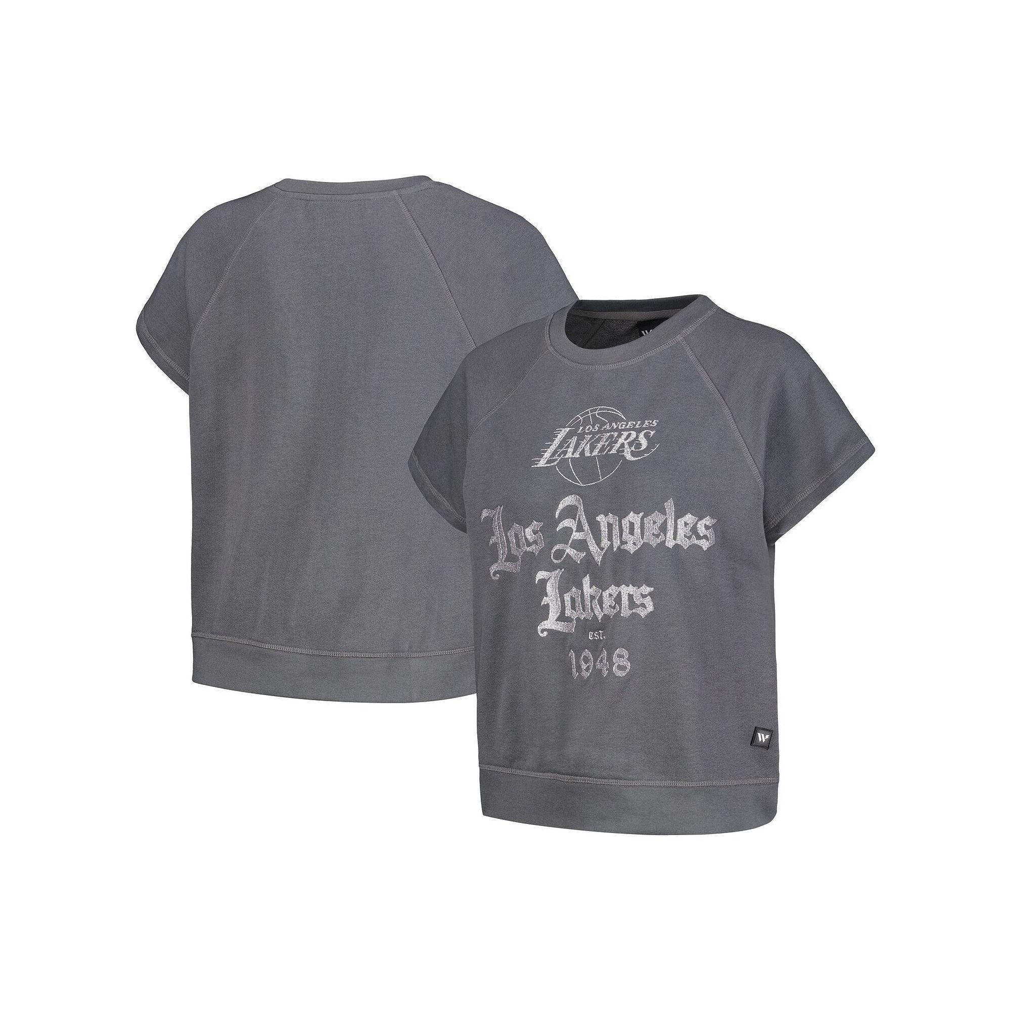 Women's The Wild Collective Gray Los Angeles Lakers Embroidered Fleece Raglan Short Sleeve Pullover Sweatshirt, Size: Medium, Grey Product Image