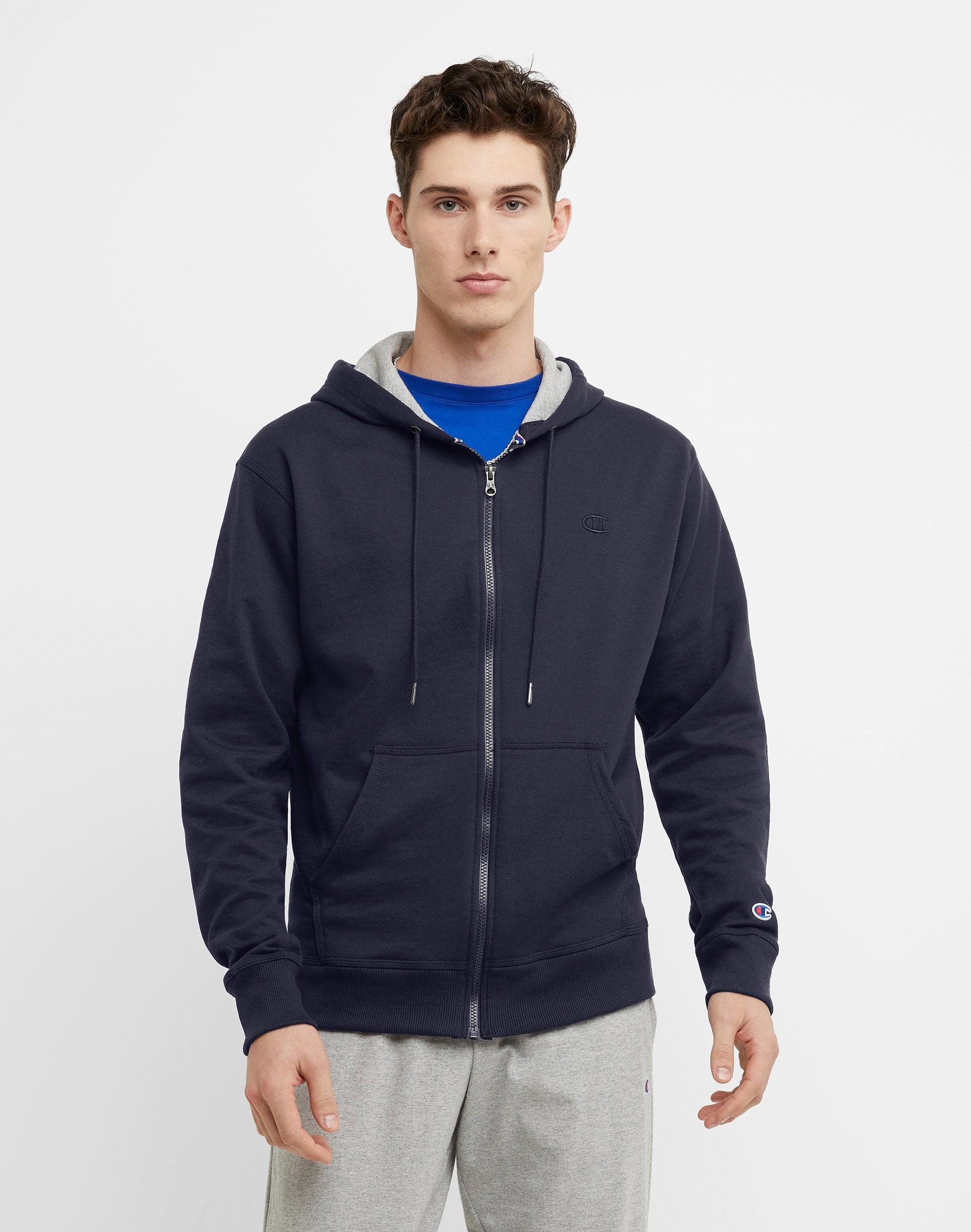 Mens Champion Powerblend Full-Zip Hoodie, C Logo Oxford Grey XL Product Image