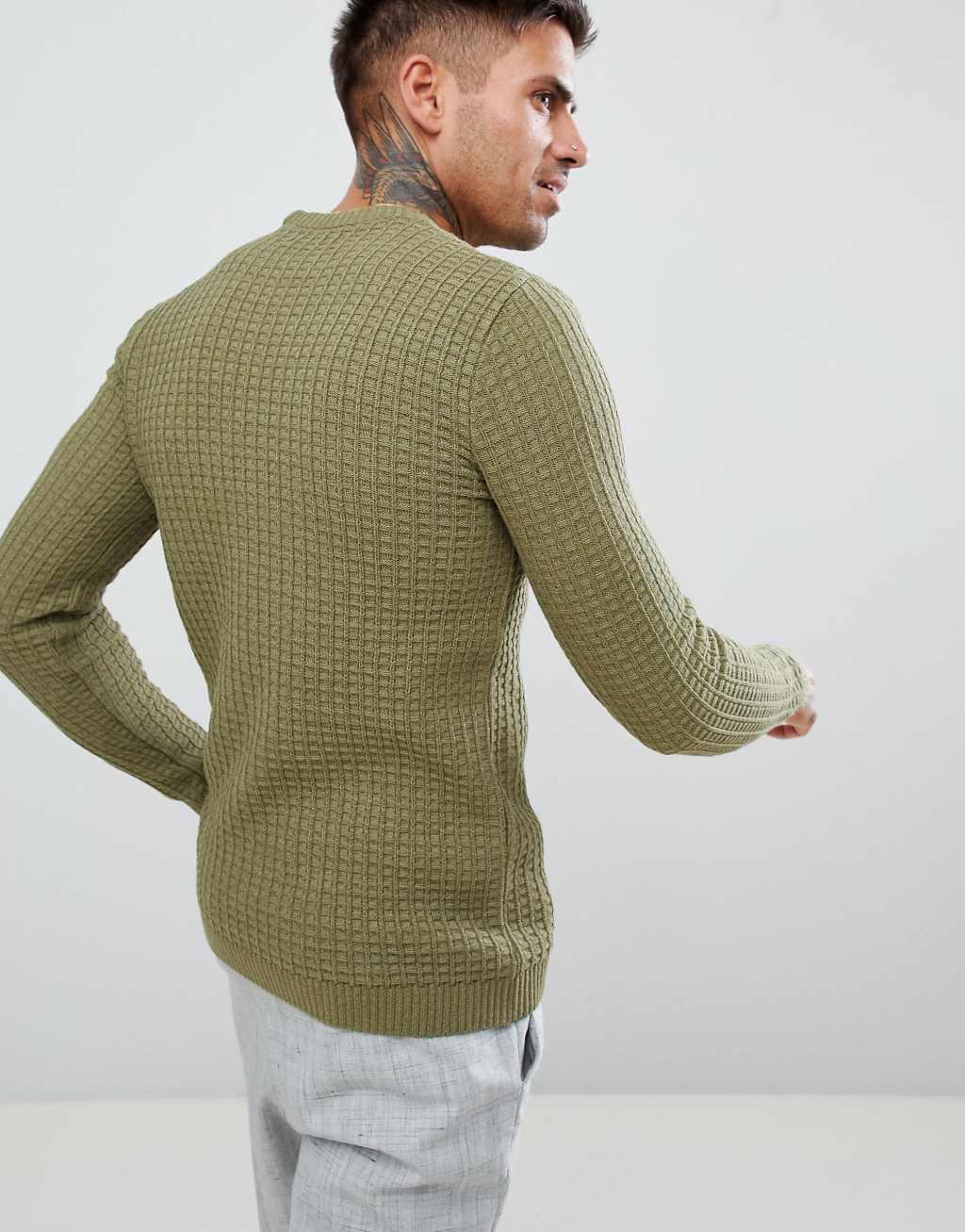 ASOS DESIGN muscle fit textured crew neck sweater in khaki Product Image