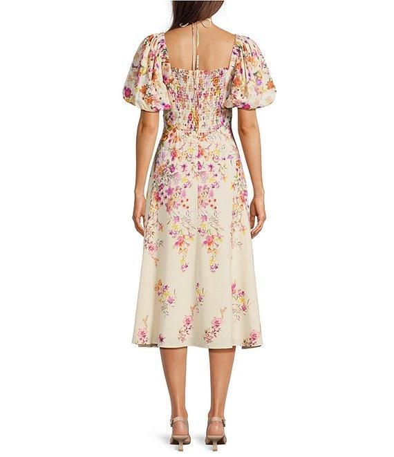 Alex Marie Monroe Pink Floral Short Puff Sleeve Sweetheart Halter Tie Neck A-Line Midi Dress Product Image