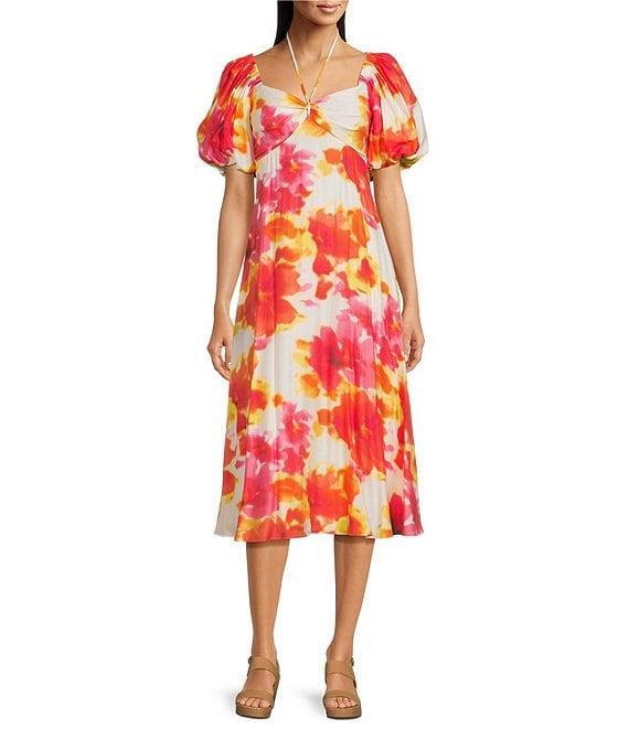 Alex Marie Monroe Abstract Floral Short Puff Sleeve Sweetheart Halter Tie Neck A-Line Midi Dress Product Image