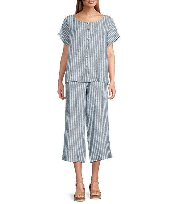 Bryn Walker Bessie Stripe Linen Round Neck Cap Sleeve Button Front Coordinating Shirt Product Image
