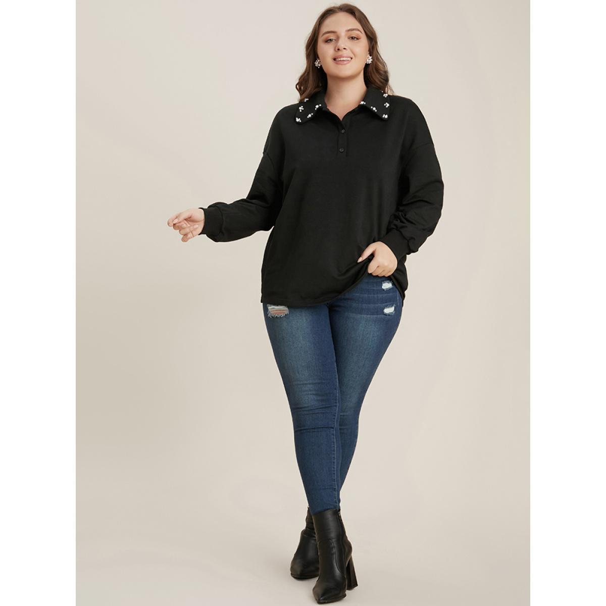 Plus Size Solid Button Up Pearl Beaded Polo Neck Sweatshirt Women Black Elegant Beaded Polo Dailywear Sweatshirts BloomChic 26/4X Product Image