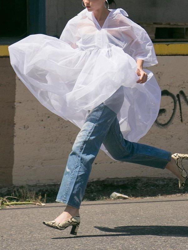 Half Sleeves High Waisted Pleated See-Through Solid Color Lapel Midi Dresses Shirt Dress Product Image