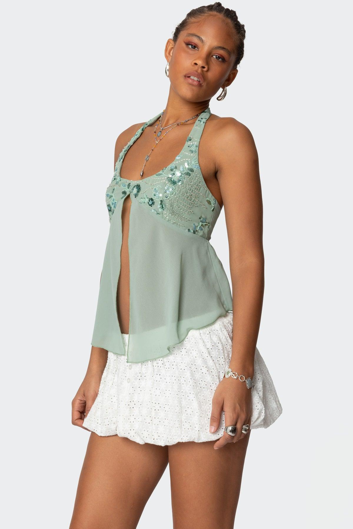 Sequin Chiffon Split Front Top Product Image