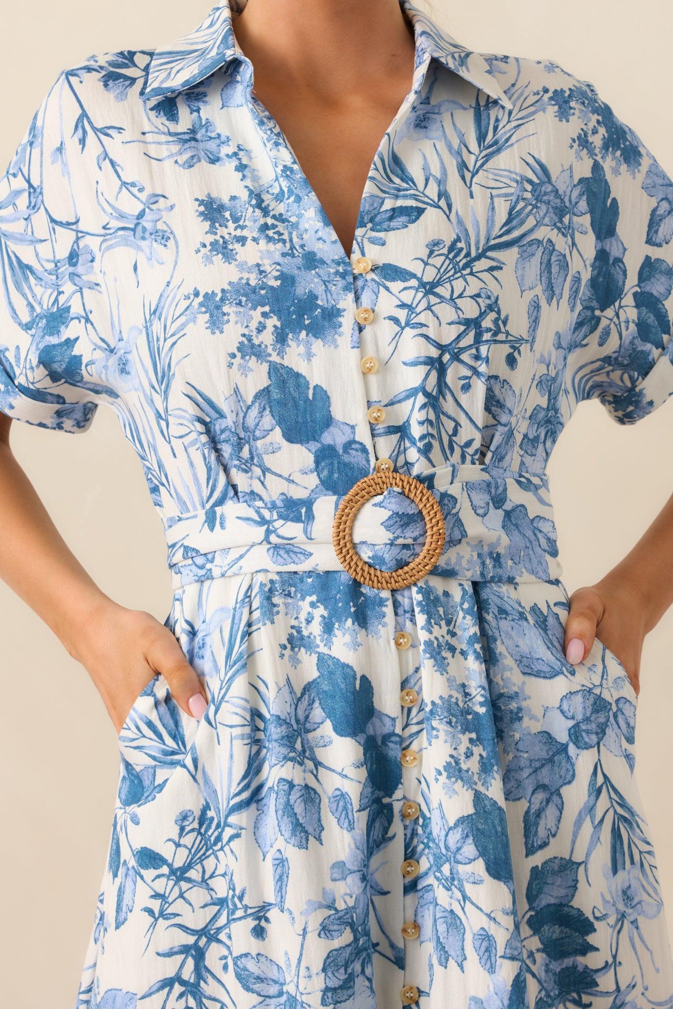 Springtime Splendor White & Blue Floral Belted Midi Dress Product Image