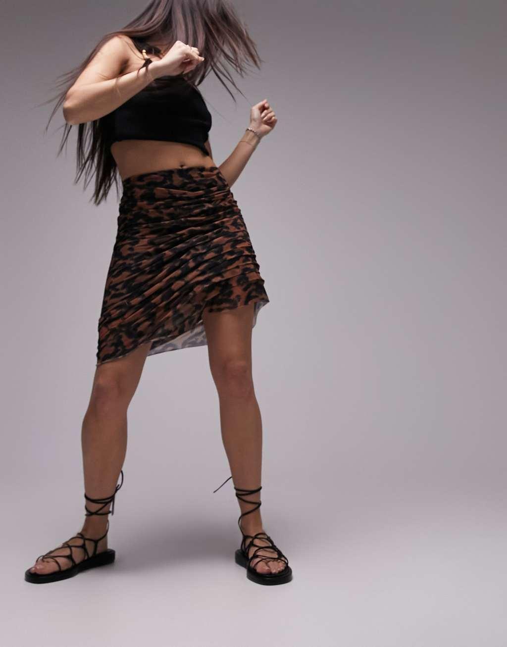 Topshop ruched animal print asymmetric mini skirt Product Image