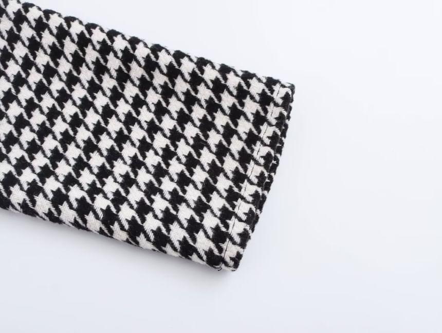 Long-Sleeve Round Neck Houndstooth Panel Mini A-Line Dress Product Image