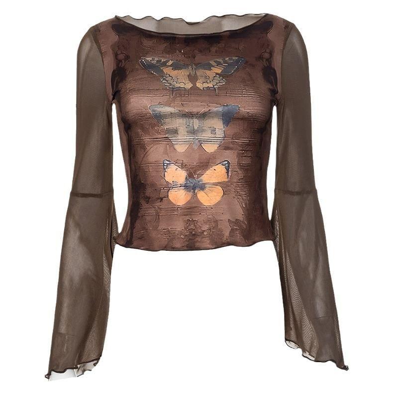 Bell Sleeve Butterfly Print Mesh Panel Slim-Fit Crop Top Product Image