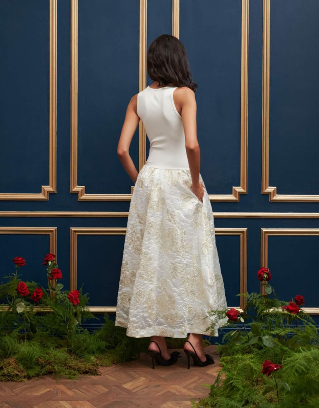Dream Sister Jane jersey drop hem jacquard maxi dress in cream Product Image