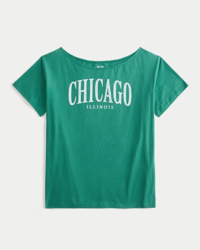 Oversized Off-the-Shoulder Chicago Graphic Tee Product Image