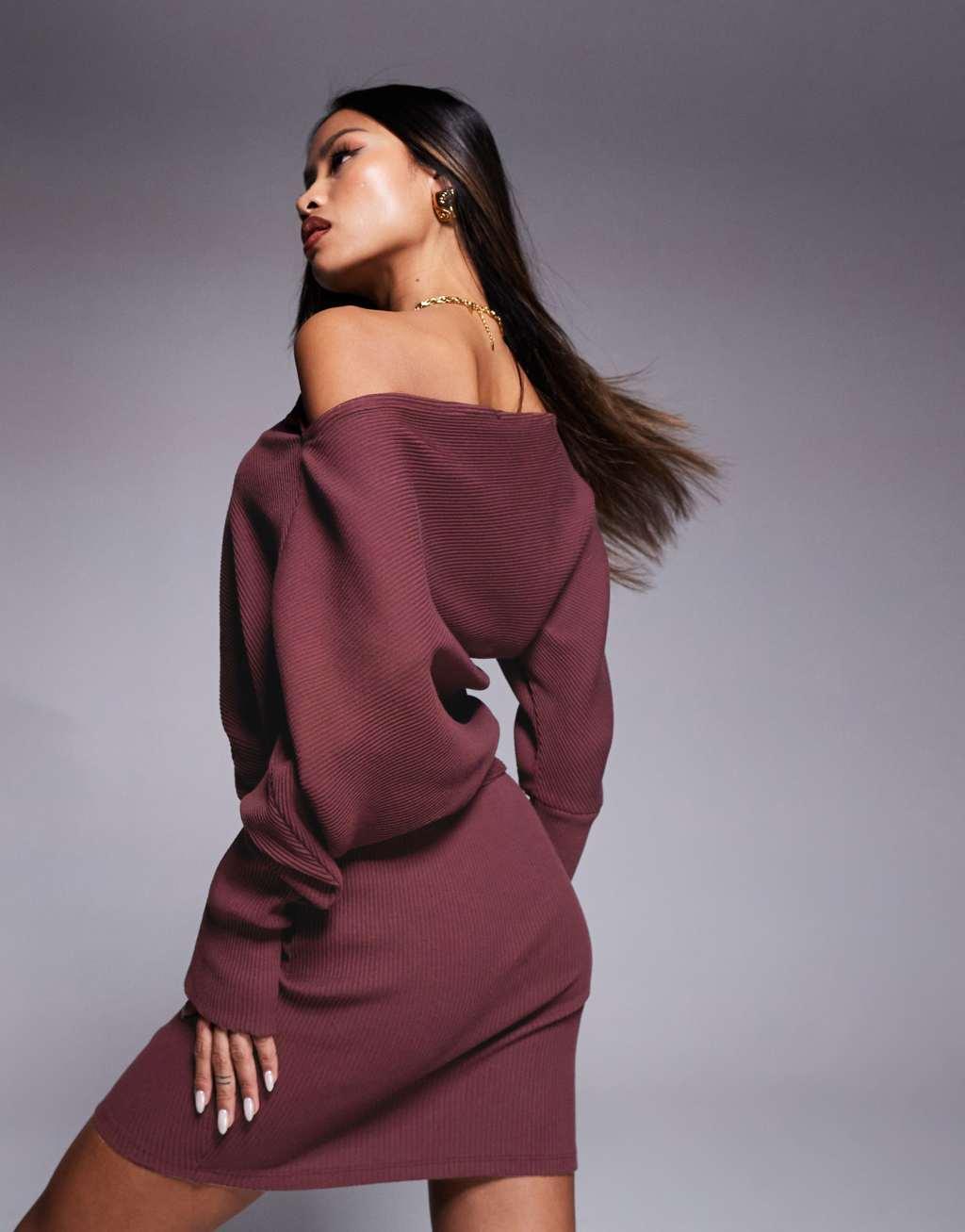 ASOS DESIGN supersoft ribbed dropped shoulder mini dress in burgundy Product Image