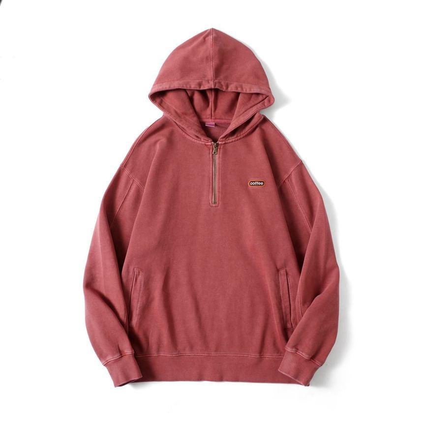Lettering Embroidered Half-Zip Hoodie Product Image