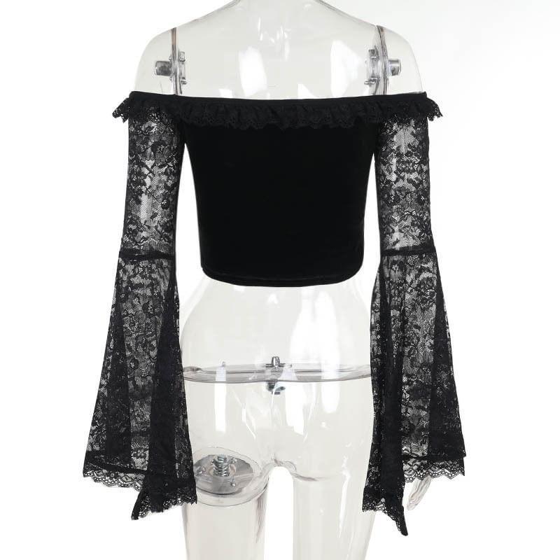 Flare-Sleeve Off Shoulder Plain Crop Top Product Image