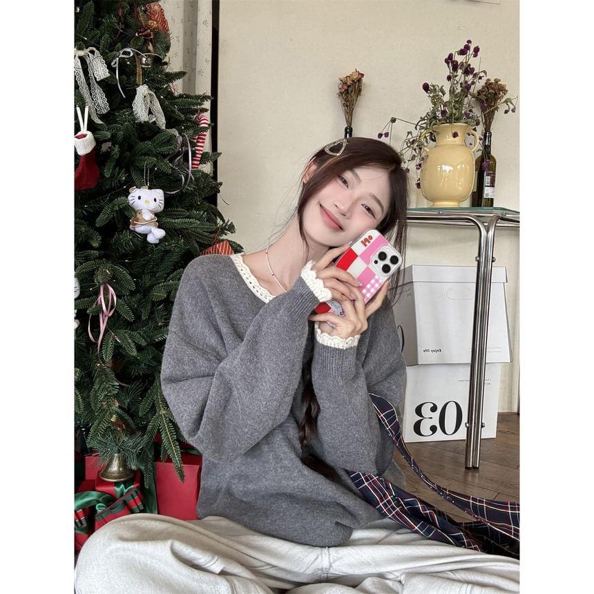 Crew Neck Plain Lace Trim Sweater Product Image
