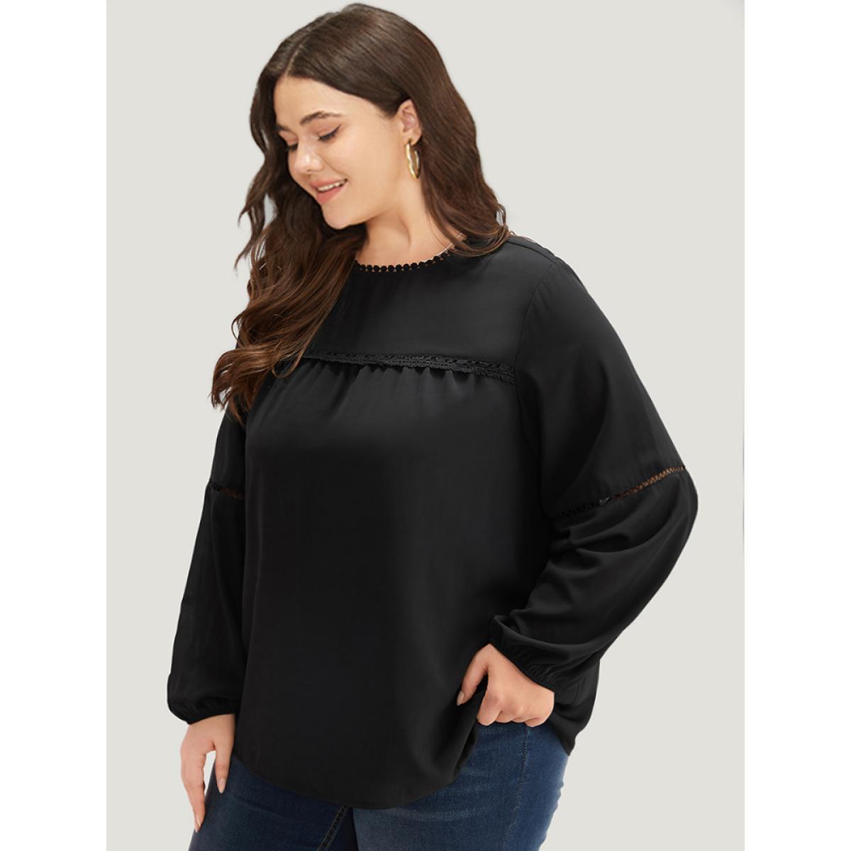 Plus Size Black Anti-Wrinkle Pompom Trim Guipure Lace Keyhole Blouse Women Office Long Sleeve Round Neck Dailywear Blouses BloomChic 14-16/1X Product Image