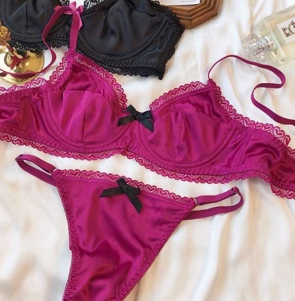Plain Bow Lace Trim Satin Bralette / Panty / Set Product Image